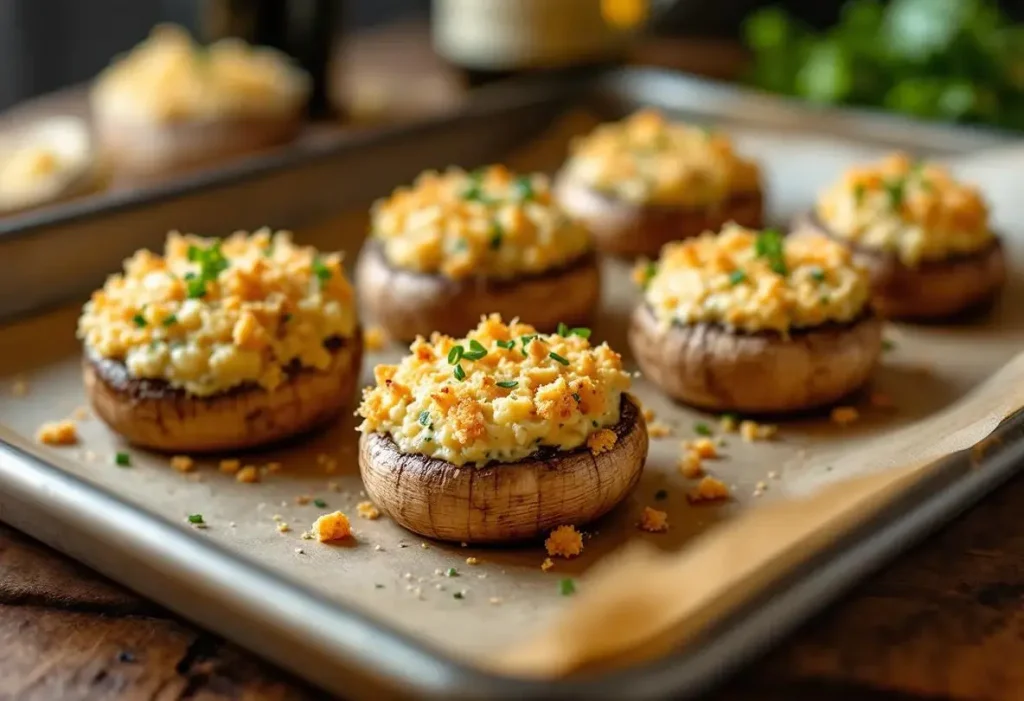 Champignons farcis au four, à l’ail et aux fines herbes : l’apéro chaud, fondant et croustillant