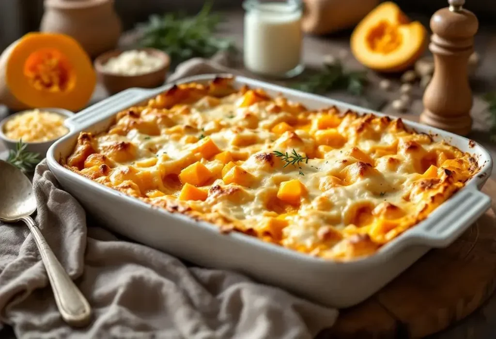 Gratin butternut au fromage frais au four : douceur fondante, herbes fraîches et crème pour réchauffer les soirs d’hiver