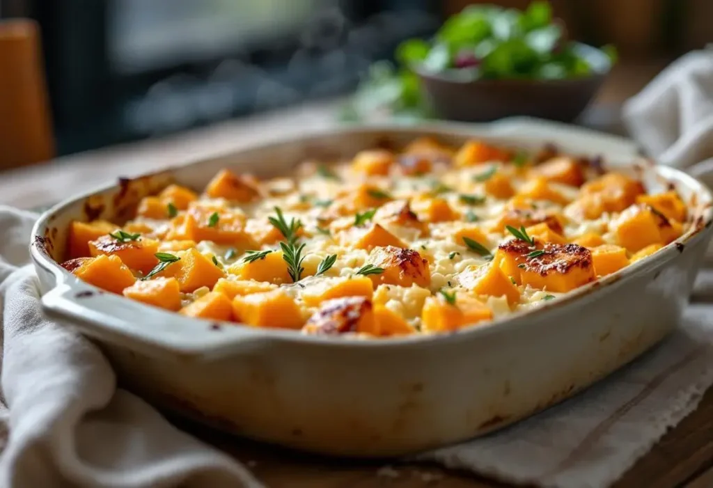 Gratin butternut-fromage frais au four : douceur fondante, herbes fraîches et crème pour réchauffer les soirs d’hiver